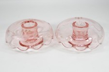 Pink Depression Glass Floral Etched Rolled Mushroom Umbrella Candlestick Holders picture