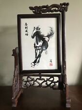  Running horse double-sided embroidery Table Screen W/ Dragon & Phoenix Frame picture