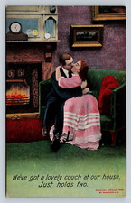 1909 Antique Bamforth Postcard Lovely Couch for Two Couple Embrace Kiss Romance picture