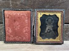 Antique Tin Type Seated Woman Brass Trim Wooden Case picture