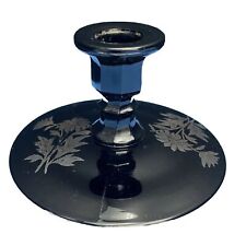 Vtg Black Glass Taper Candle Holder -  Painted Silver Flowers 5” Wide  3” Tall picture