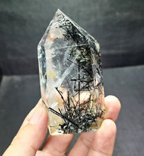 225g Natural black hair and white crystal symbiotic aura gem mineral point DD127 picture