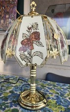 Vintage 1980s Brass & Glass Panel 3-Way Touch Lamp - 24" Tall (Floral/Butterfly) picture