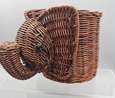 Elephant Planter Basket Weave Wicker Rattan MCM 4.25 Tall 4 Wide Vtg  3D picture