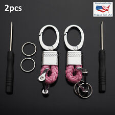 2pcs Pink & Silver Woven Leather Fob D-Ring Keychain Key Split Rings Holder Clip picture