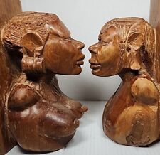 Vintage MALE FEMALE AFRICAN Couple BUST BOOKENDS Tribal Hand Carved Solid Wood  picture
