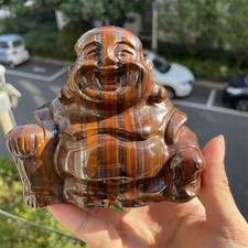 2LB 4.7" Natural Iron Tiger Eye Stone Happy Buddha Carved Crystal Quartz Decor picture
