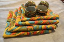 Vintage Set of 4 Psychadelic Cloth Napkins & Rings Hippie picture
