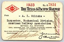 Vintage Railroad Annual Pass The Texas & Pacific Railway 1923 A7934 Thermography picture