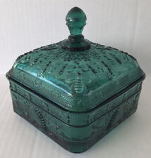 Vintage Indiana Honeybee Candy Trinket Box With Lid Teal Depression Glass Style picture
