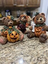 3pc Vintage 2000 Plaster Halloween Ghost Teddy Bears w Pumpkins 10.5” picture