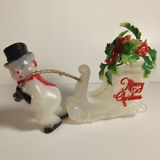 Vintage Merry Christmas Snowman Pulling Sleigh Soft Plastic Kitschy Decoration picture