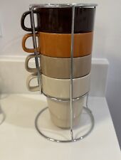 Mulberry Home Collection Stackable 4 Coffee Mugs 15 oz with Rack Cup Brown Beige picture
