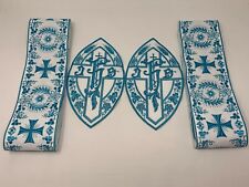 IHS Cross Vestment Banding + Emblems Blue on White  (4 Pcs) Lot / Bundle picture