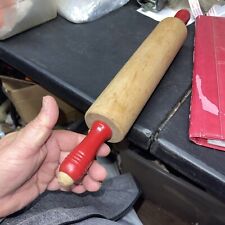 Vintage Munising 17.5” Maple Wood Rolling Pin w/ Red Turned Handles Signed picture
