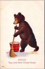 c1910s Ullman BUSY BEARS Greetings Postcard FRIDAY This Little Bear Cleans House picture