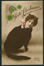 French 1917 SURREAL Woman's FACE Photomontage On CAT Good Luck ~ VASTA Archive picture