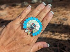 Zuni Ring Native American Sterling Silver Turquoise Sun face Kachina sz 6.5US picture