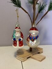 Vintage Christmas Lao Mai Glass Ornaments Santa & Snowman Set of 2 picture