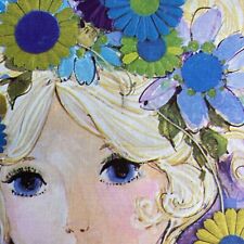 Vintage Mid Century Get Well Greeting Card Pretty Blonde Girl Big Eyes Flowers picture