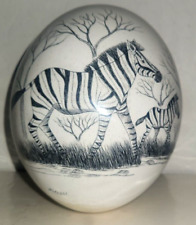 Vintage M LALELI  Scrimshaw OSTRICH EGG Hand Carved Pigmented zebra's  Signed picture