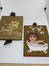 Set 2 Vintage Hazel Beckwith Painted Wood Bathroom Bubble Girls Wall Plaques picture