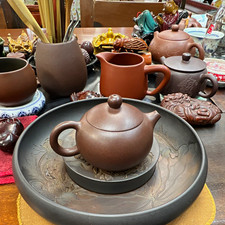 Chinese Brown Clay Round Teapot with Character Seal Stamp Marks picture