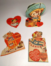 Lot of 4 Vintage 1940's Valentine Day Cards Anthropomorphic, Fishing, Dogs, picture
