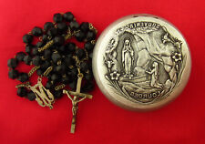 Antique BLACK GLASS Rosary MARY LOURDES Rosary Holder Religious French Souvenir picture