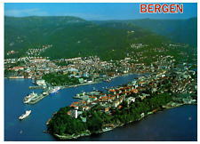 Aerial View Bergen Norway towards Harbor Postcard VTG  picture