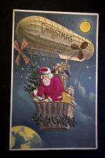 SILK~SANTA CLAUS in HOT AIR BALLOON~BLIMP~Air Ship~Toys  Christmas Postcard~f858 picture