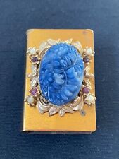 Brass Matchbox Cover With Carved Stone, Faux Pearls & Purple Rhinestones VINTAGE picture