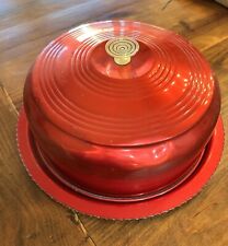 RARE  Vintage Red Aluminum Cake Cover And Plate Scrollwork On Plate picture