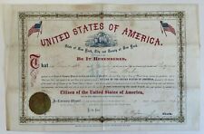 UNITED STATES ANTIQUE NEW YORK 1869 CITIZENSHIP CERTIFICATE TO ROSA HAHN. RARE picture