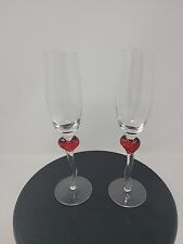 Set Of 2 Champagne Flutes With Crooked Stems Red Hearts At Top Of Stem  picture