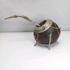 Vintage Yerba Mate Gourd Cup Set Silver Tone With Tea Straw Uruguay picture