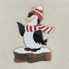 Vintage 1990 Metal Penguin on Glaciere Christmas Ornament Signed picture