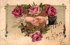 VTG EMBOSSED Postcard- Engagement, Roses, A Handshake from 1910 UnPost picture