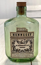 VINTAGE HENNESSY COGNAC EMPTY PINT GREEN FLASK BOTTLE - EMBOSSED AJ. HENNESSY picture