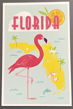 Florida - Flamingo & State Icons - Gouache - Lantern Press Postcard picture