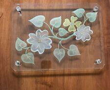Vtg Glass Vanity Tray 15” X 11” Frosted Etched Florals Beveled Edge Metal Feet picture