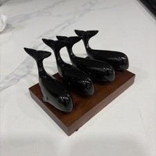 Rare Vintage Nautical Sperm Whale solid cast Iron metal paperweights Wood Base picture
