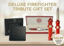 Firefighter Gift Set Fire Dept Leather RFID Wallet Pen Hydrant Rescue Knife 3pc picture