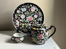 Vintage Black Noir Millefleur Famille floral teapot with plate and one cup picture