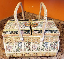 Vintage Woven Wicker Sewing Basket Handles Floral Tapestry Large Taiwan picture