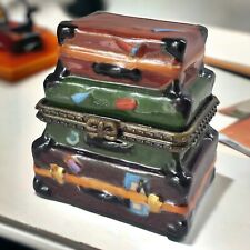 Vintage Two's Company Travel Themed Stacked Luggage Porcelain Hinged Trinket Box picture