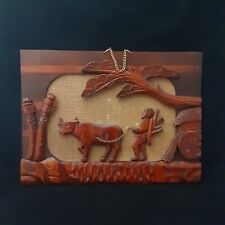 Vintage Hand Carved Wood Frame With Water Buffalo And Ancient Asian Man Korean picture