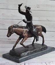 Will Rogers Solid Bronze C.M. Russell Bronze Cowboy Riding Horse Art Statue 16