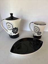 Hues N Brews Retro Tea Coffee Pot Creamer Set Ceramic Black White MCM Mod Groovy picture
