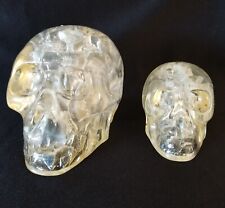 2 Clear Lucite Skull Art Sculpture Paperweights Spiritual Halloween Mid-Century  picture